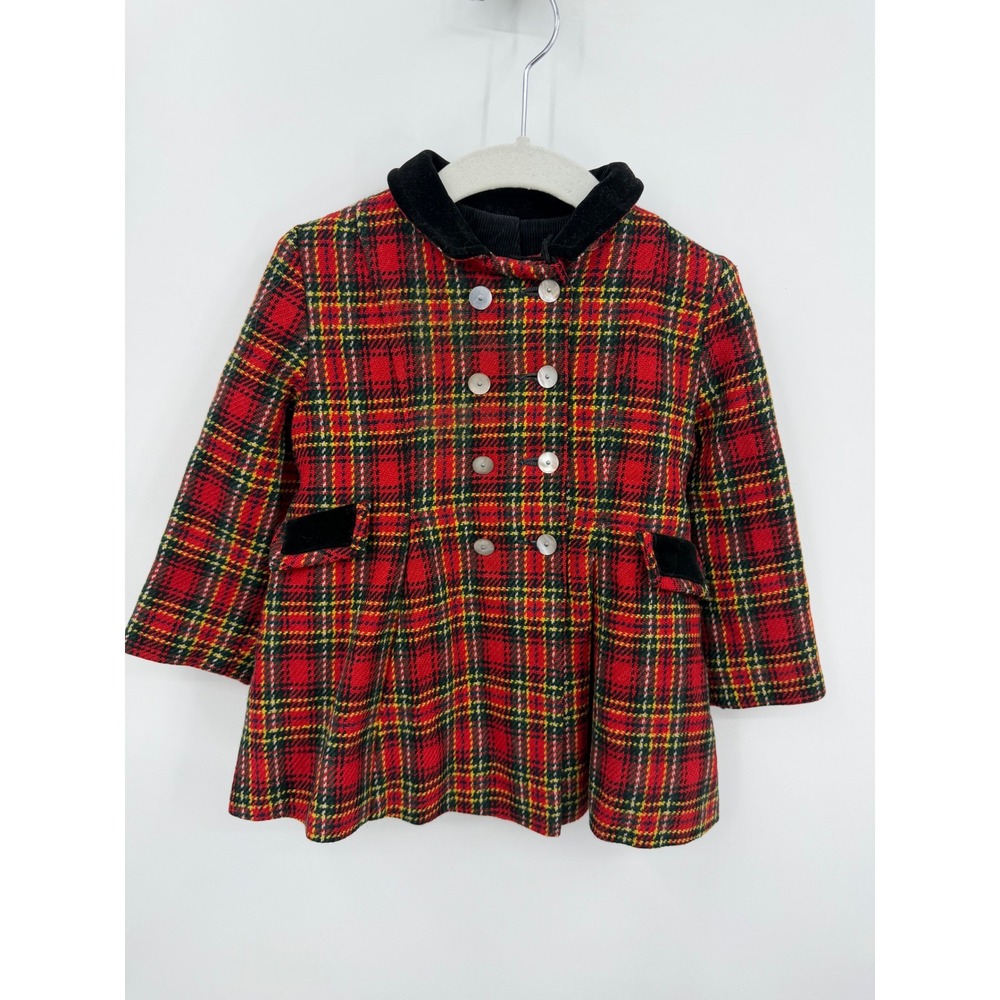 Vtg Plaid Coat girls 12 months 2T Red Tartan Velvet‎ Trim Double Breasted Jacket
